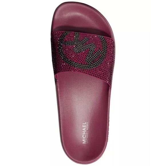 New! MICHAEL KORS Studded MK Logo Gilmore Slide Sandals Shoes Dark Berry - Picture 1 of 9